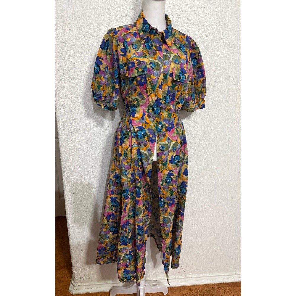 MELLODAY Floral Short Sleeve Midi Shirt Dress Size L Abstract Botanical Print